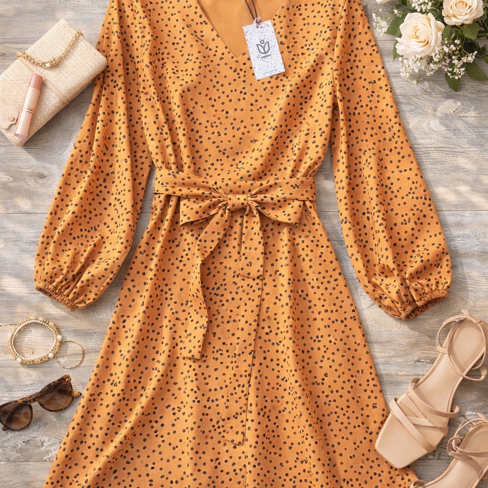 Andrée by Unit Orange Dalmatian Print Tie Waist V-Neck Long Sleeve Dress‎ Small